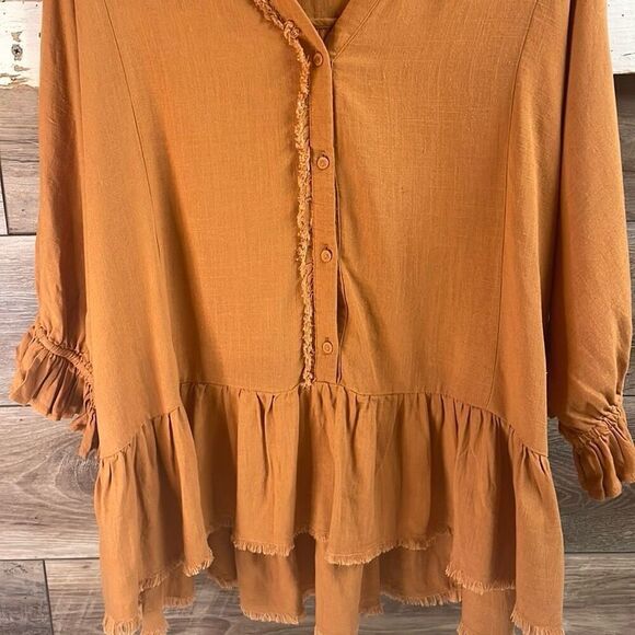 UMGEE Women's Peasant Boho Collared Frayed Edge Top Ruffled Hem Rust Size S - Picture 5 of 10